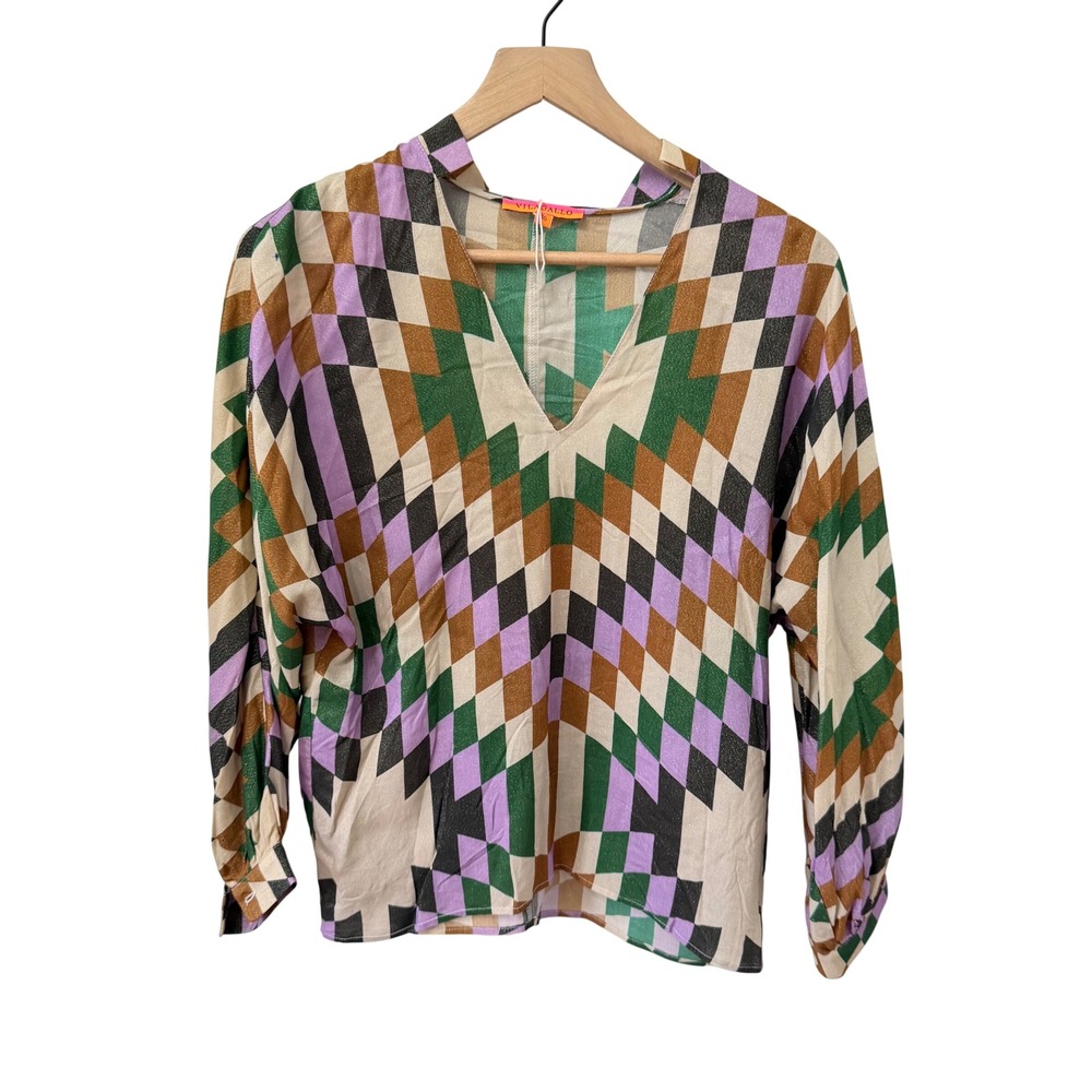 Vilagallo Blouse 36 Multicolor Geometric Lurex V-Neck Long Sleeve Top